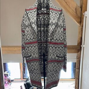 Geometric Patterned Cardigan - Black, White, Red